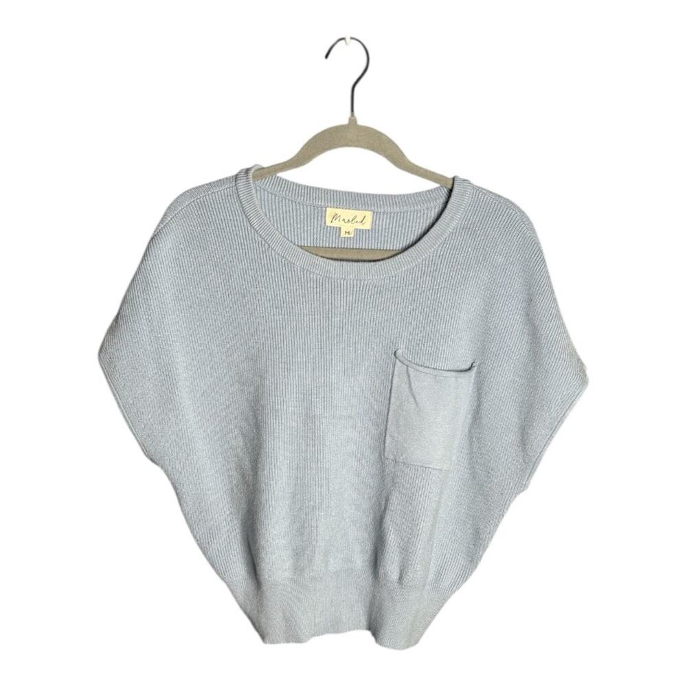 Marled Blue Ribbed Short Sleeve Sweater Medium